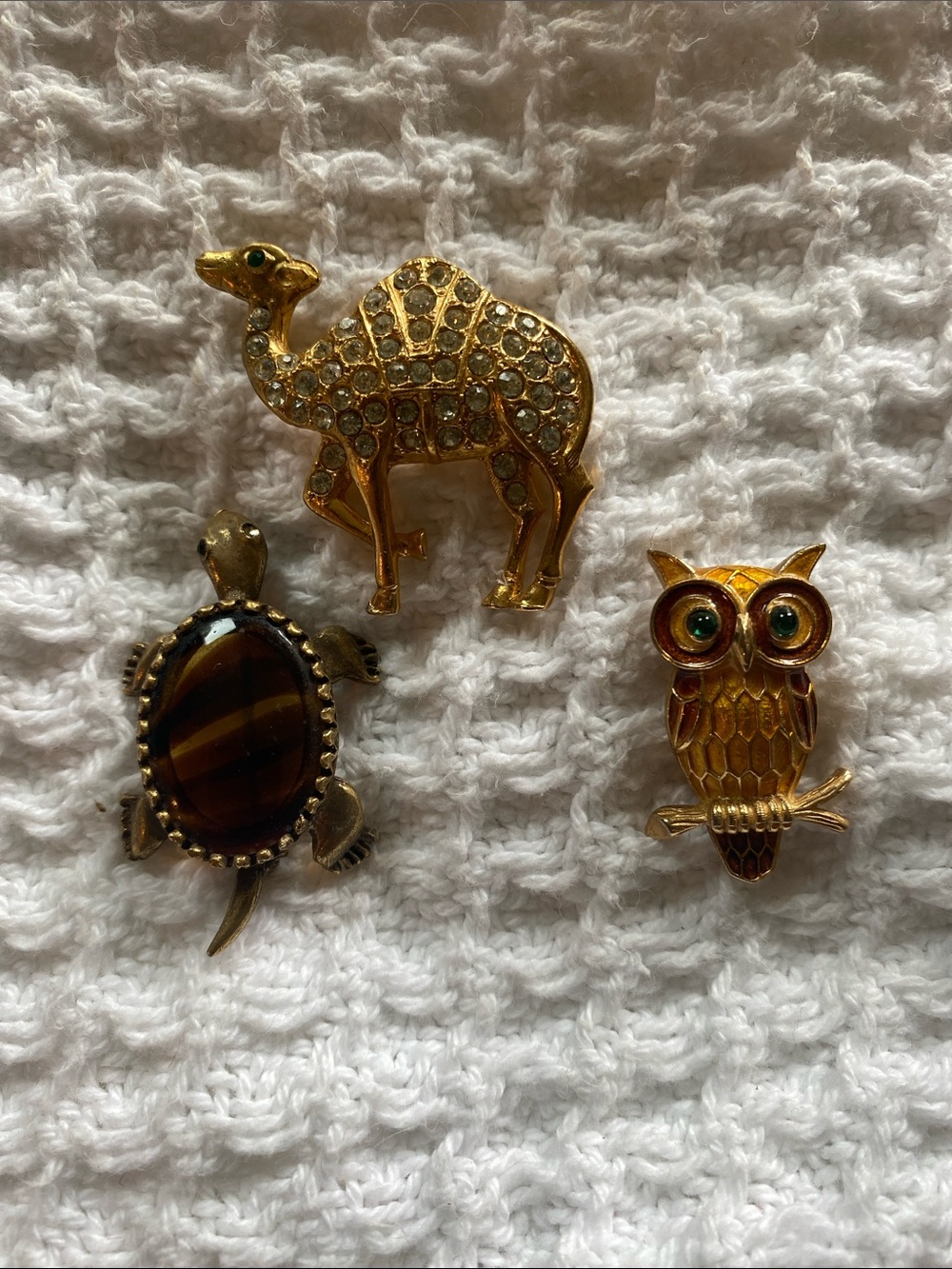Gold Animal Brooch Set - Camel, Turtle & Owl bundle of three